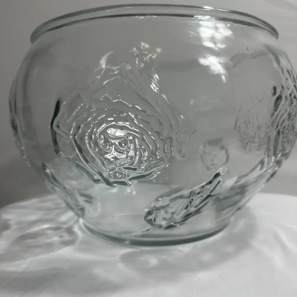 Punch Fruit Bowl Glass Clear Embossed Rose Design Party/Holiday Décor